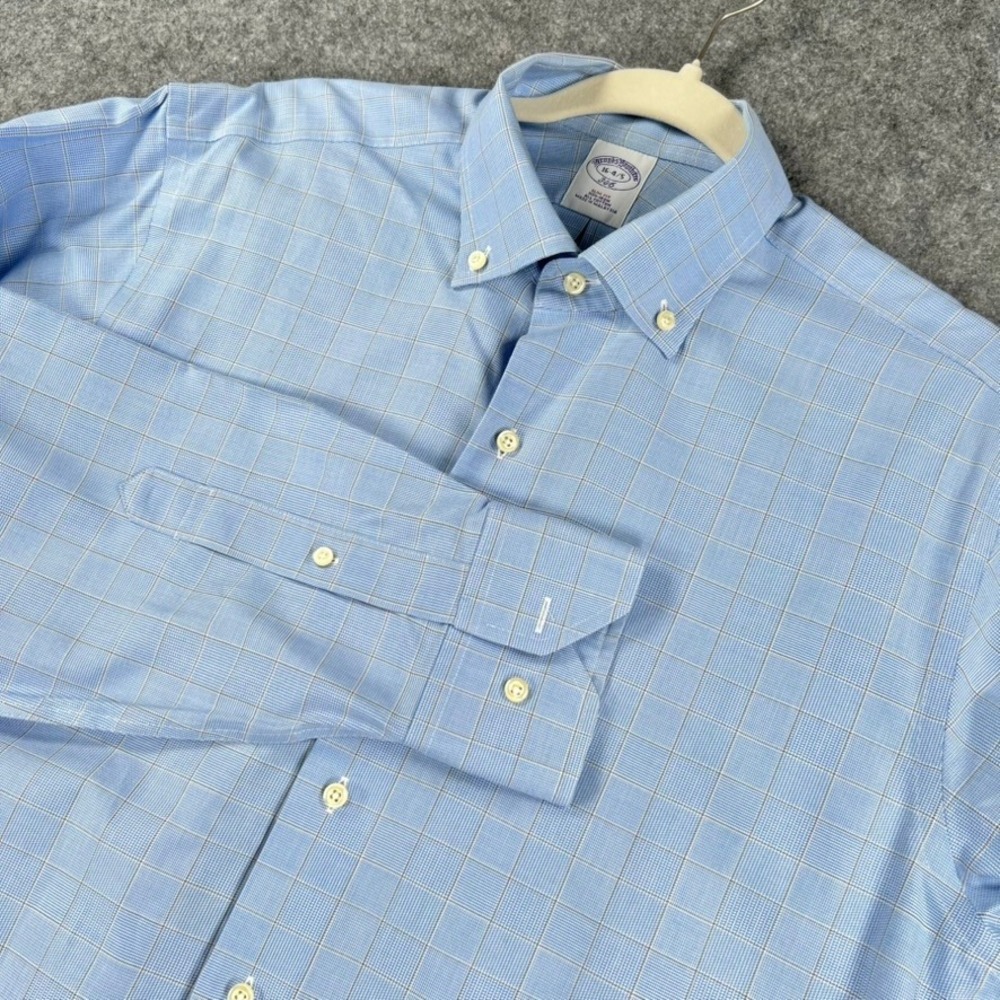 Brooks Brothers 346 Mens Dress Shirt 16 34/35 Slim Non Iron L/S Blue Grid Check